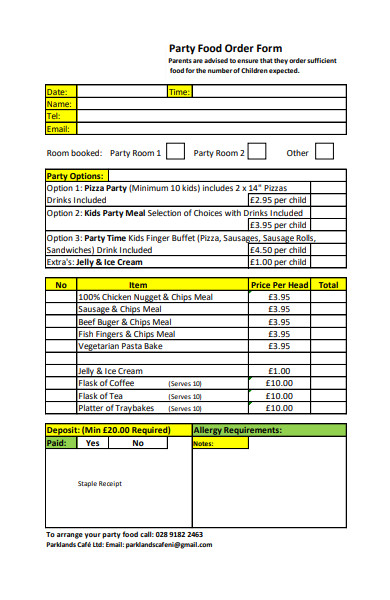 party food order form