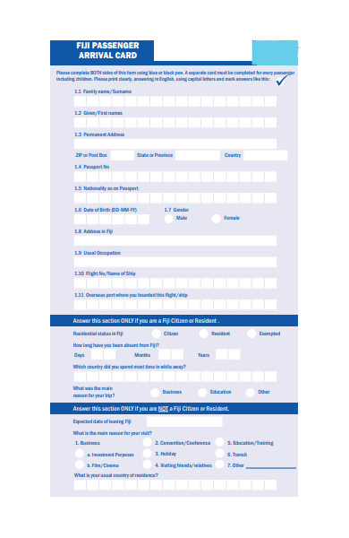 passenger arrival card form sample
