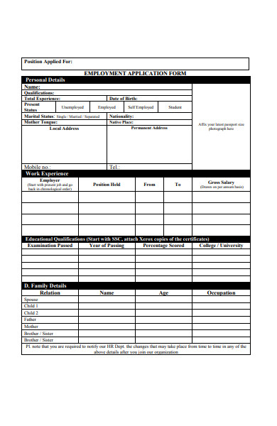 personal employment application form