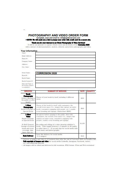 photograph order form sample