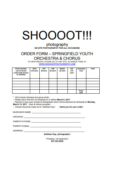 photograph shoot order form