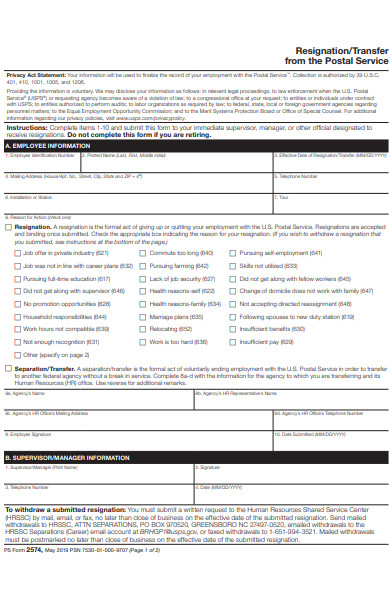 postal service employee resignation form