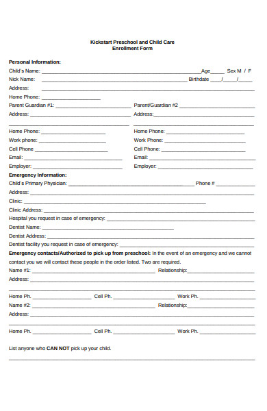 pre school childcare registration form