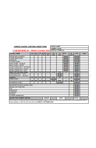 primary school uniform order form