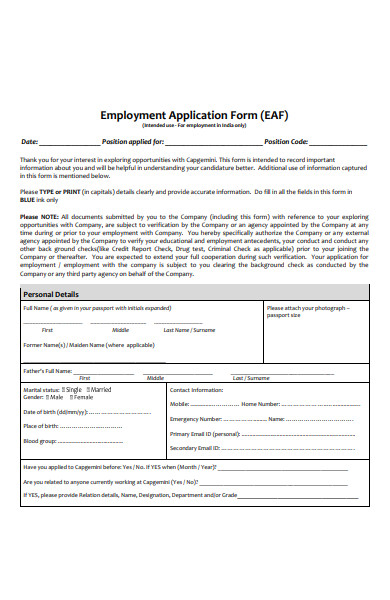 printable employment application form