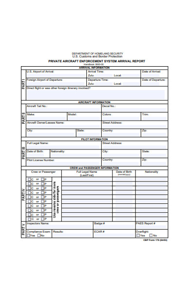 private aircraft arrival departure form template