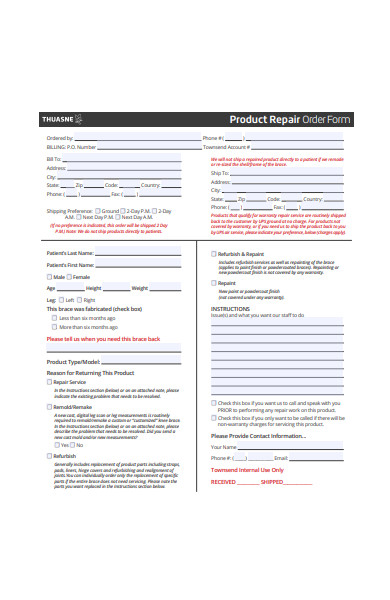 product repair order form