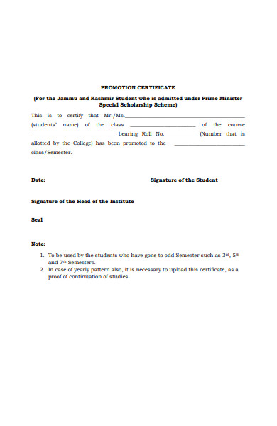 promotion certificate form