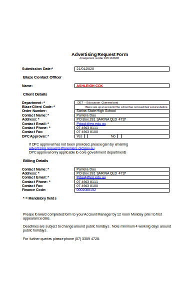 regional grouping advertising request form