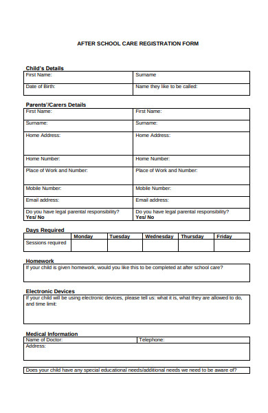 sample after school childcare registration form