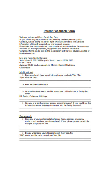 sample parent feedback form template