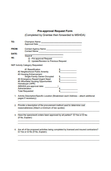 sample pre approval request form