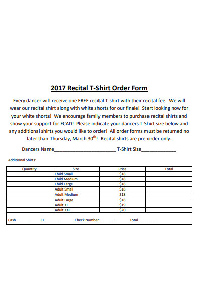 sample recital t shirt order form