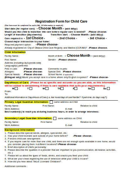 sample registration form for childcare