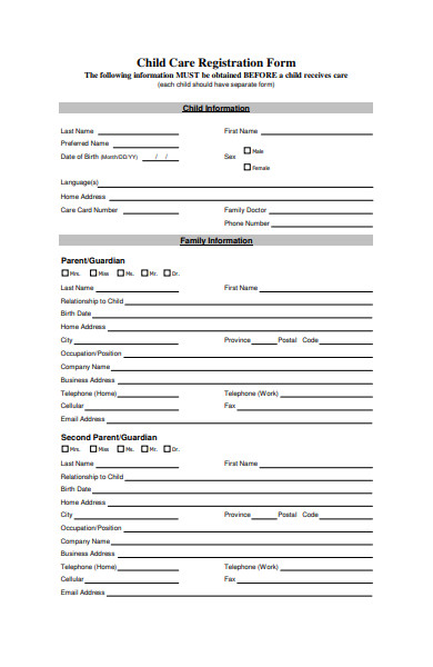 sample school childcare registration form