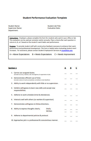 sample student performance evaluation form