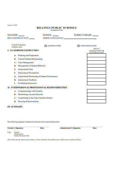 sample teacher evaluation form