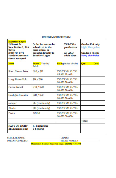 scholar uniform order form