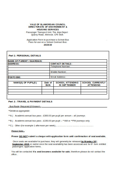 school bus application purchase form