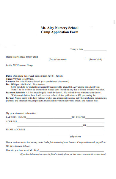 school summer camp application form