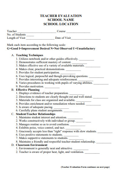 school teacher evaluation form