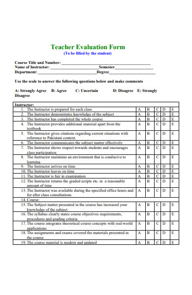 simple teacher evaluation form in pdf