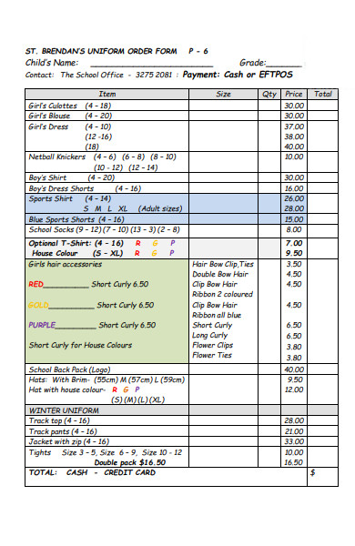 simple uniform order form