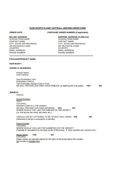 softball uniform order form