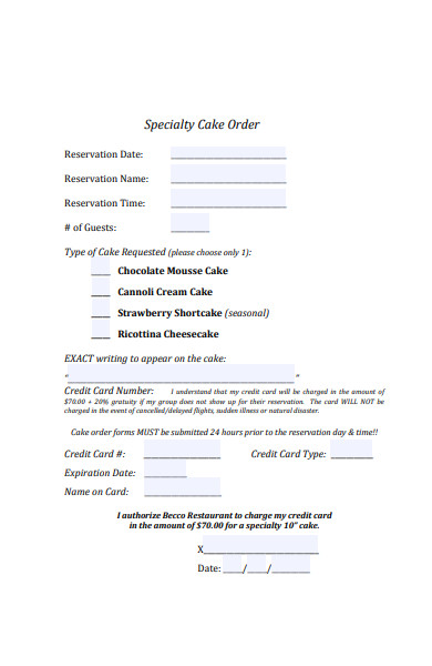 specialty cake order form