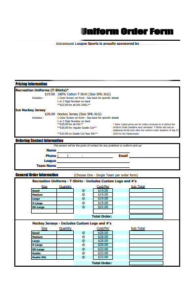 sports uniform order form