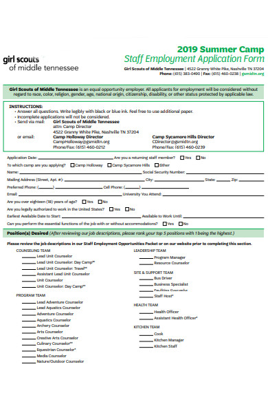 staff summer camp application form