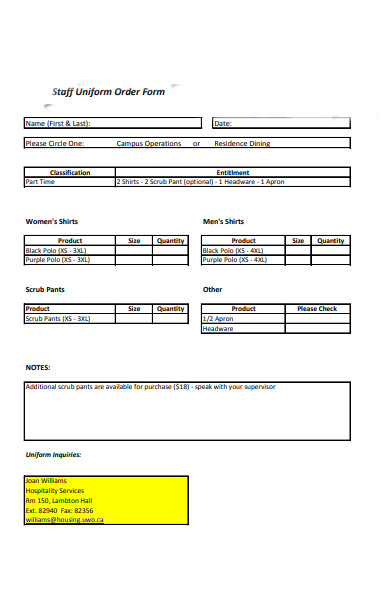 staff uniform order form
