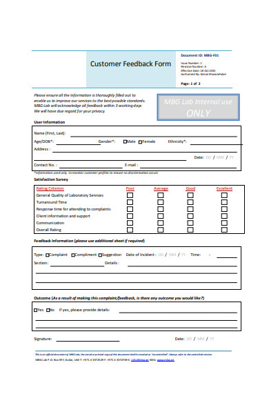 standard customer feedback form