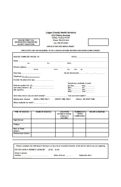 standard employment application form