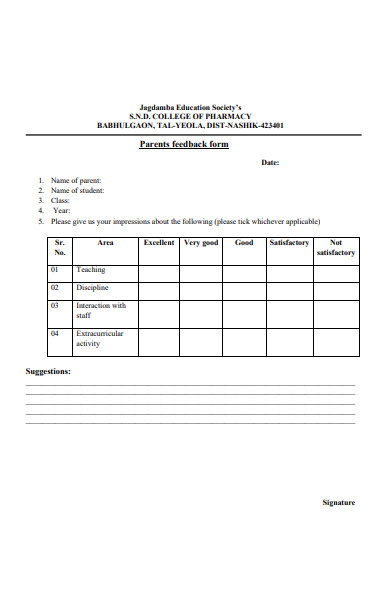 standard parent feedback form template