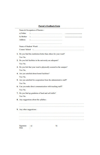 standard parents feedback form