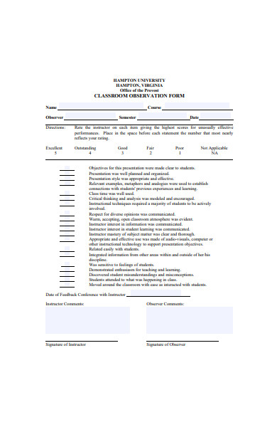 standard student observation form