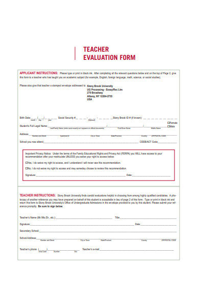 standard teacher evaluation form