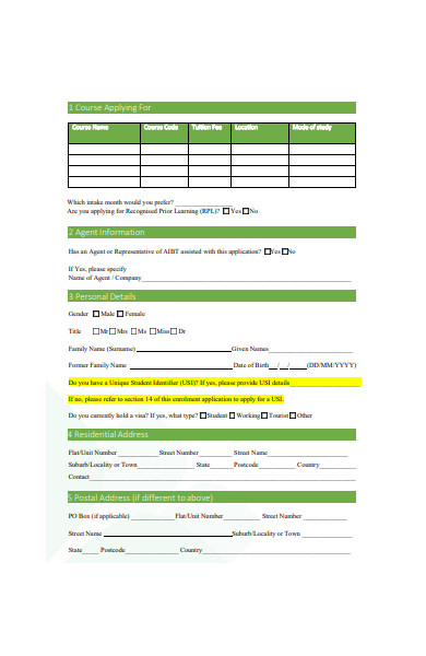 student enrolment application form in pdf