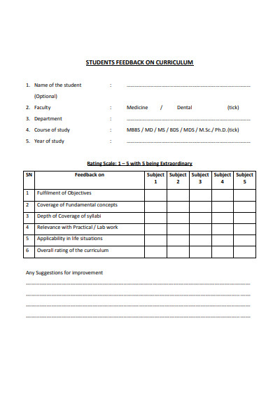 student feedback form on curriculum