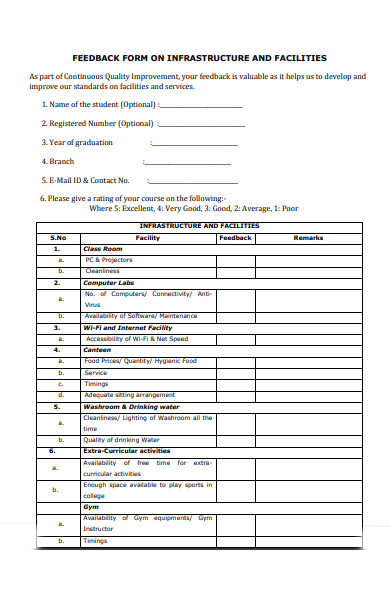student feedback form on infrastructure 