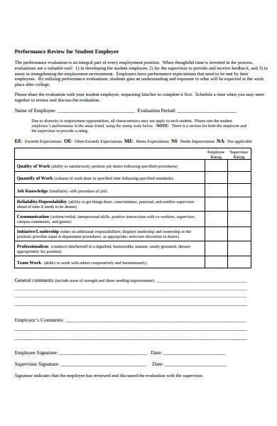 student performance evaluation review form
