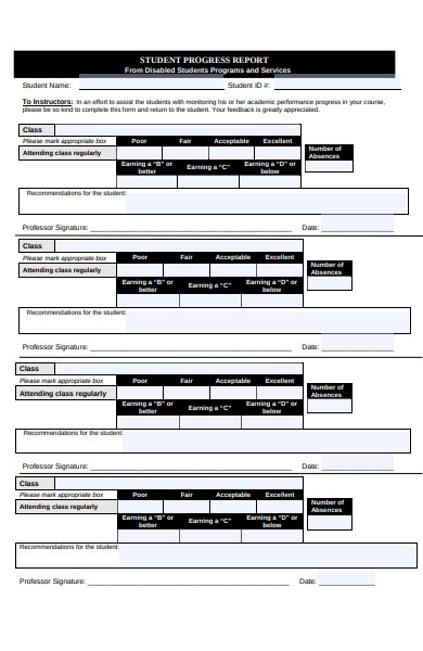 student performance progress report form