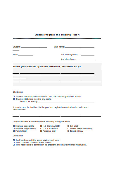 student progress tutoring report form