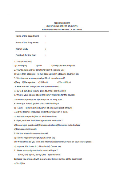 student questionnaire feedback form