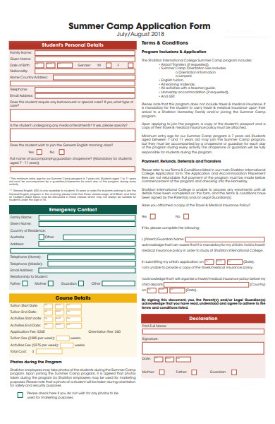 student summer camp application form