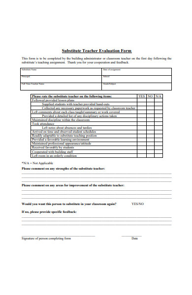 substitute teacher evaluation form