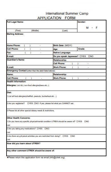 summer camp activity application form