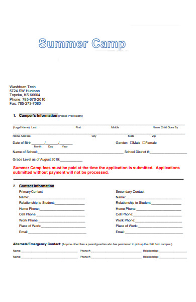 summer camp application form sample