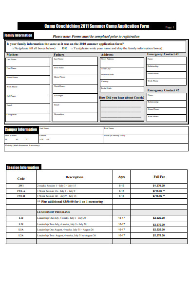 summer camp coaching application form